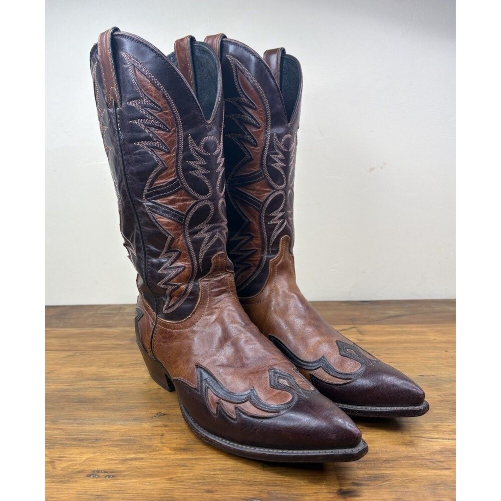 Vtg. Code West Two Tone Leather Flame Inlay Cowboy Boots Mens 10 M USA Western